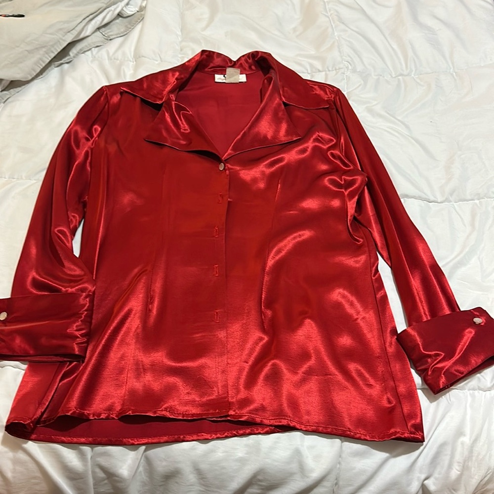 Red Satin Long Sleeve Blouse